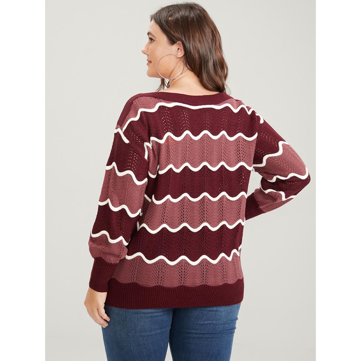 Plus Size Colorblock Contrast Pointelle Knit Water Ripple Knit Top Scarlet Women Elegant Long Sleeve Round Neck Dailywear Pullovers BloomChic 14-16/1X Product Image