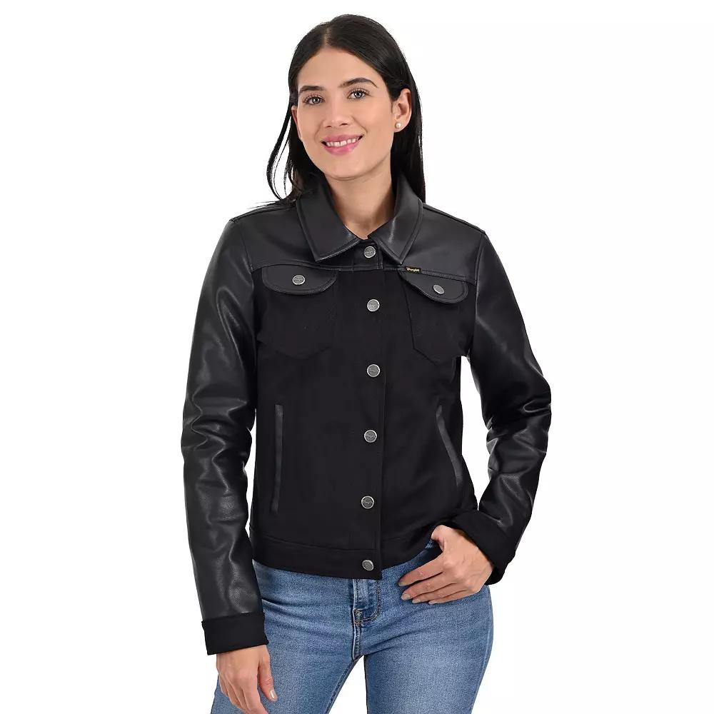 Women's Wrangler Faux Leather Trucker Jacket, Size: Large, Black Product Image