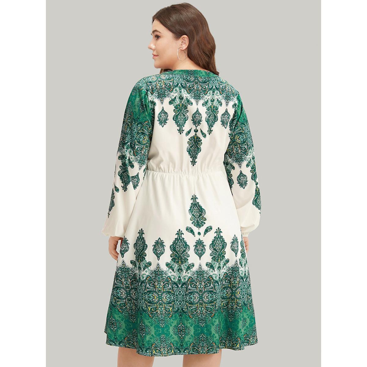 Plus Size Bandana Print Tie Neck Lantern Sleeve Dress Green Women Vacation Elastic cuffs Notched collar Long Sleeve Curvy Midi Dress BloomChic 30/6X Product Image