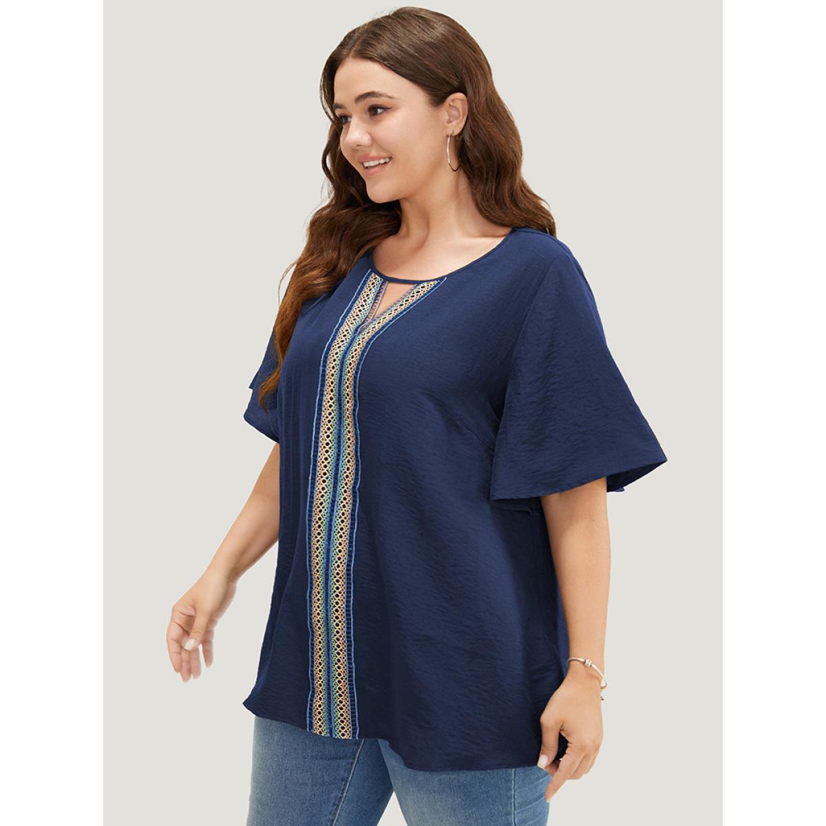 Plus Size Indigo Plain Contrast Tape Keyhole Neck Ruffle Sleeve Blouse Women Vacation Short sleeve Round Neck Dailywear Blouses BloomChic 10/M Product Image