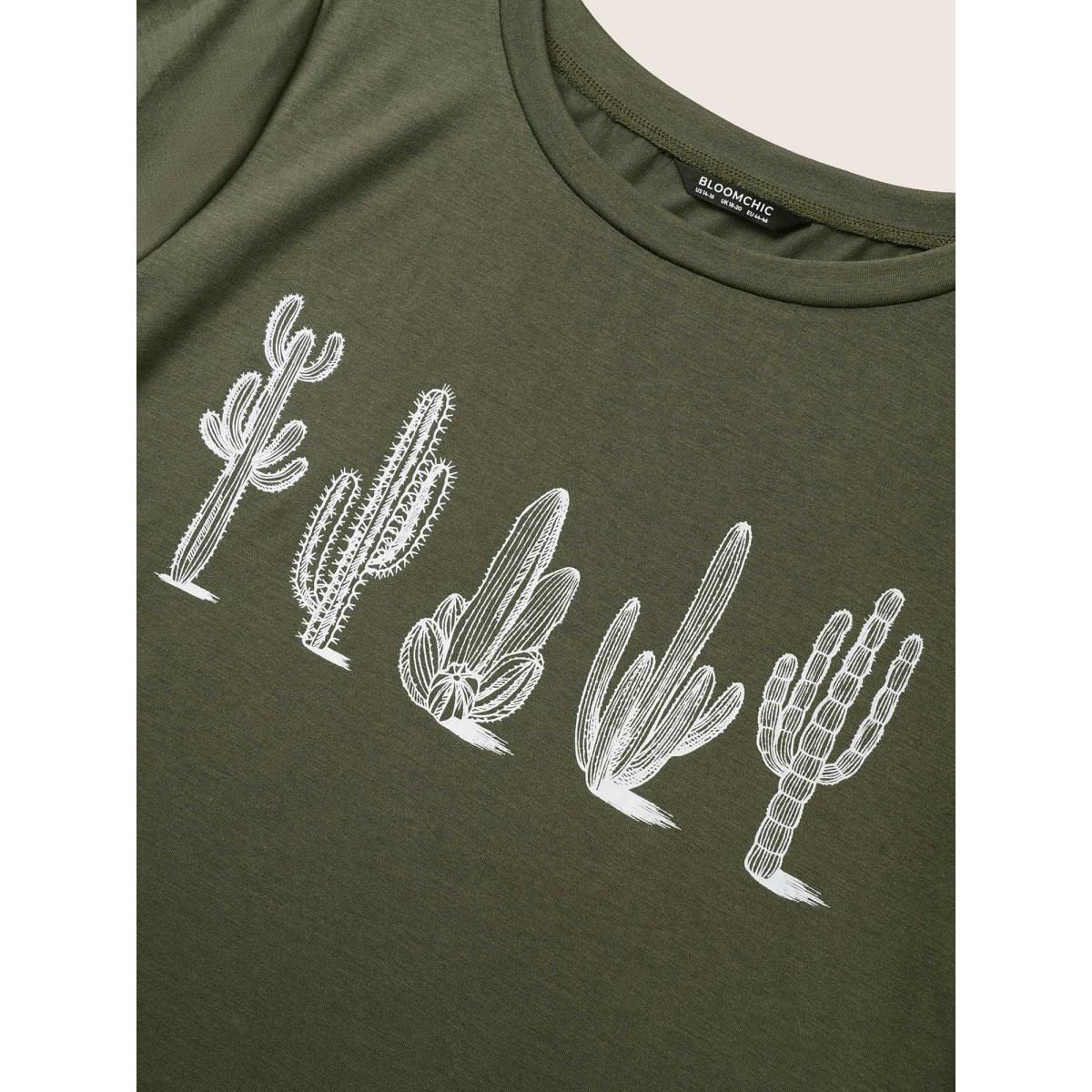 Plus Size Cactus Print Crew Neck T-shirt ArmyGreen Women Casual Non Natural Flowers Everyday T-shirts BloomChic 10/M Product Image