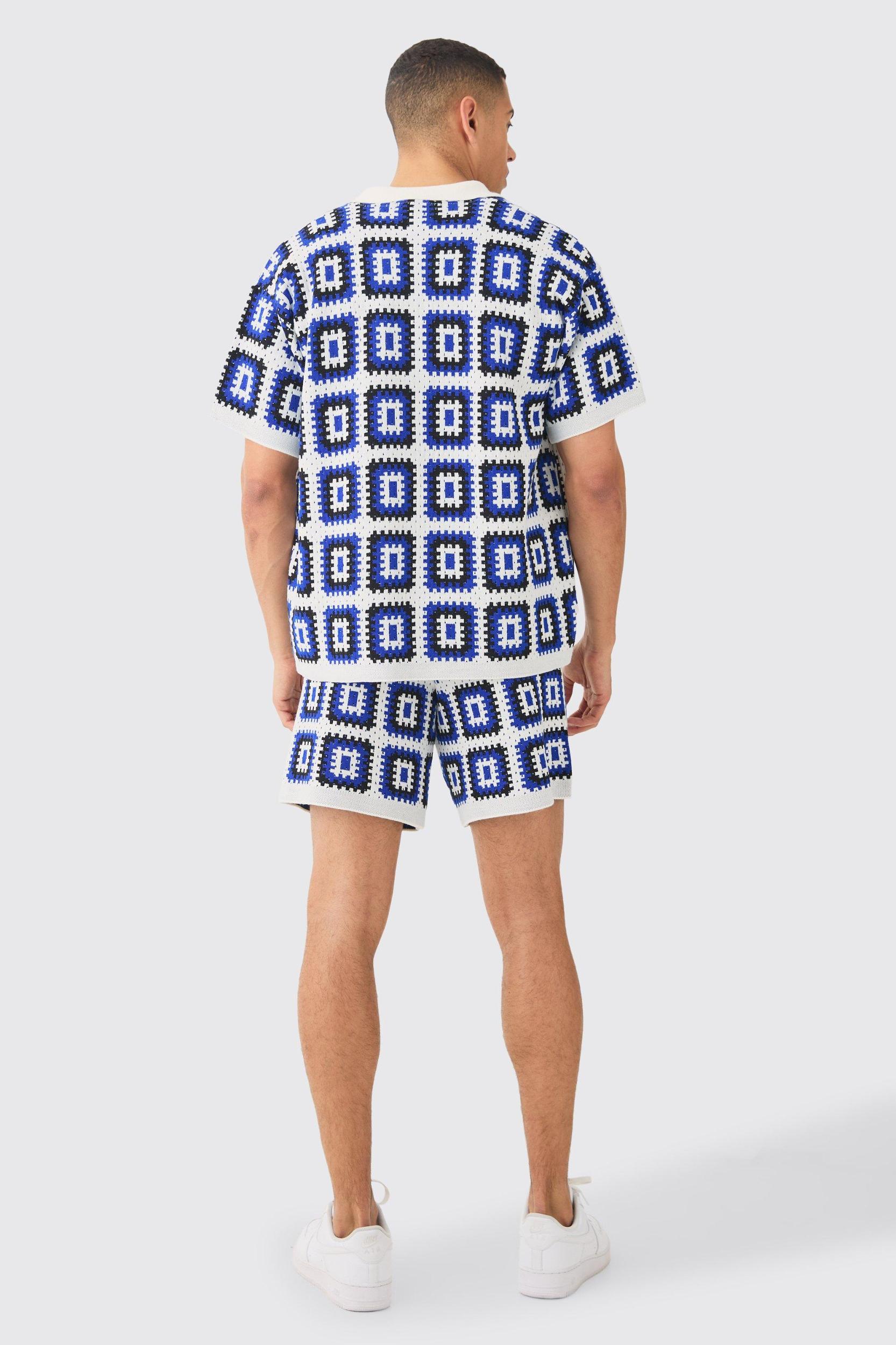 Relaxed Crochet Knit Short In White | boohooMAN USA Product Image