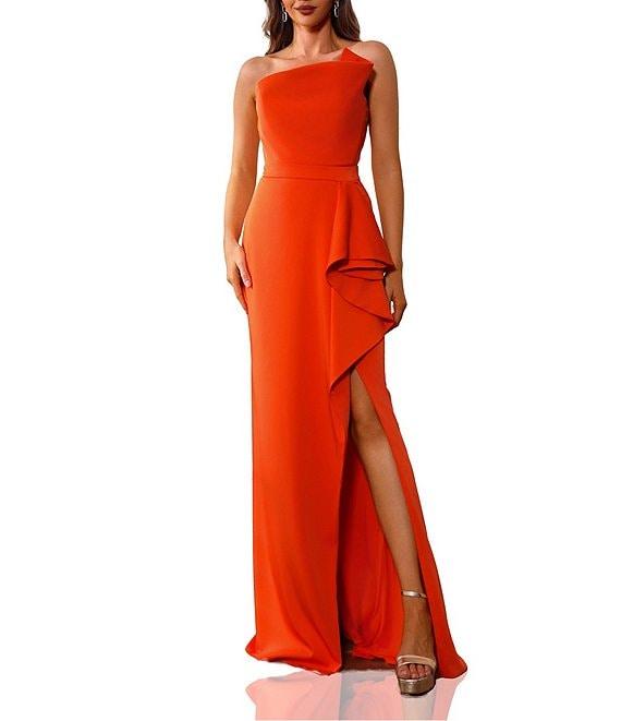 Terani Couture Strapless 3D Ruffle Front Slit Crepe Sheath Gown Product Image