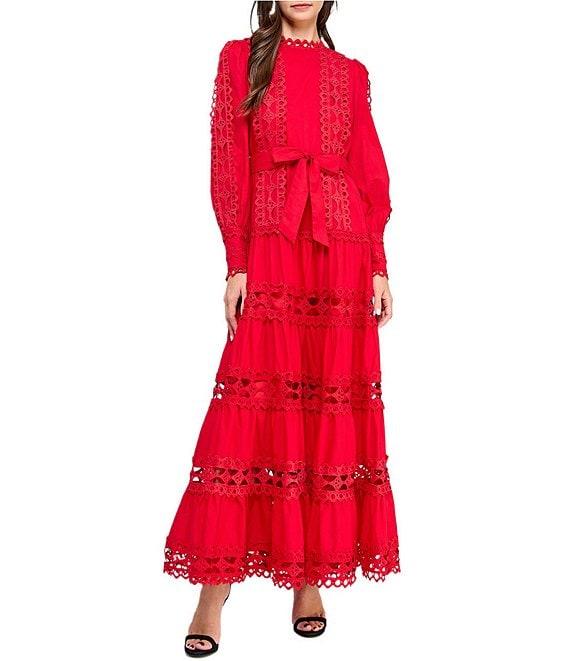 Layered With Love Woven Cotton Crew Neck Blouson Sleeves Belted Crochet Trim A-Line Maxi Dress Product Image