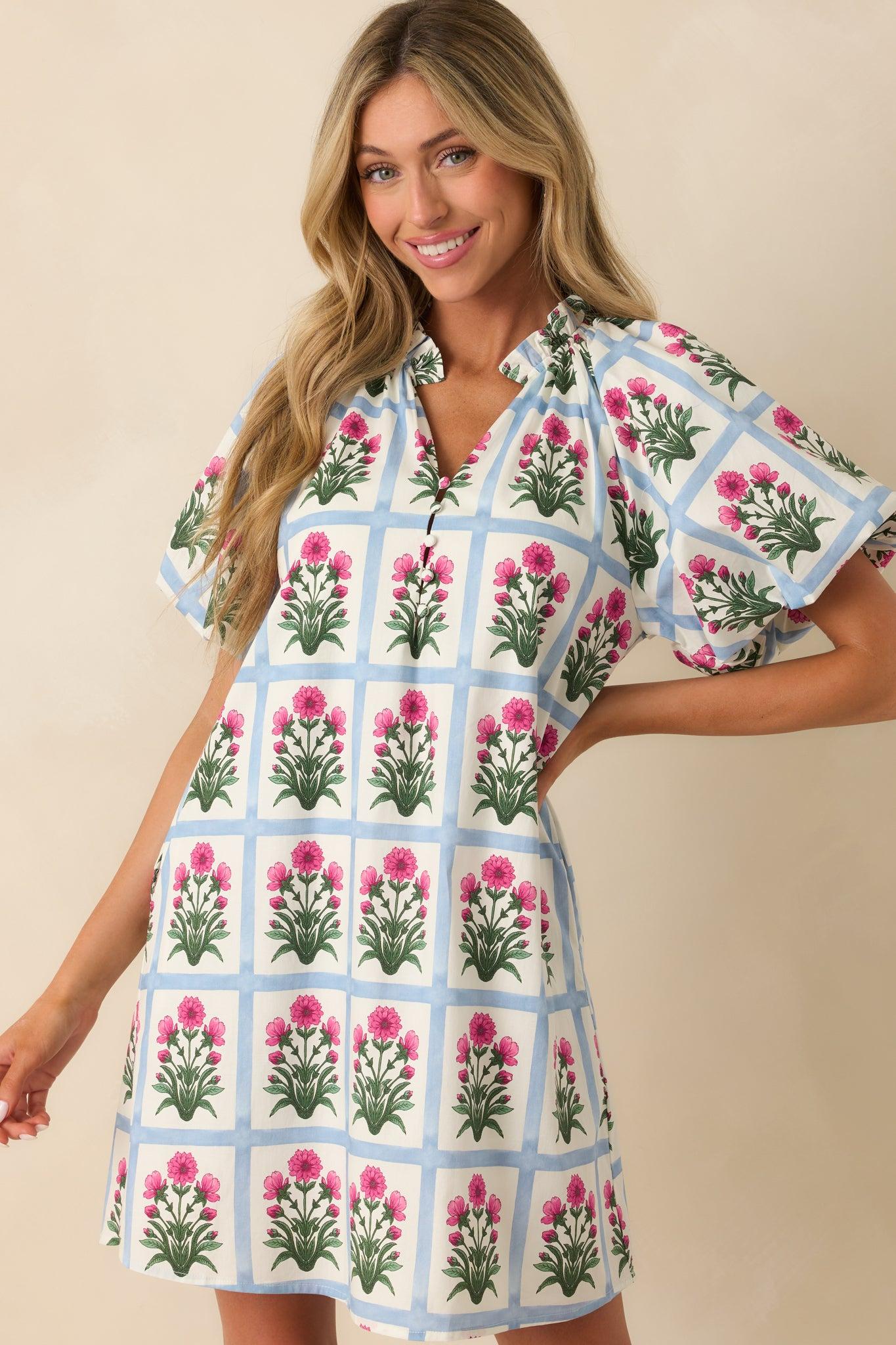 Staying Hopeful Dark Fuchsia Geometric Floral Print Cotton Mini Dress Product Image