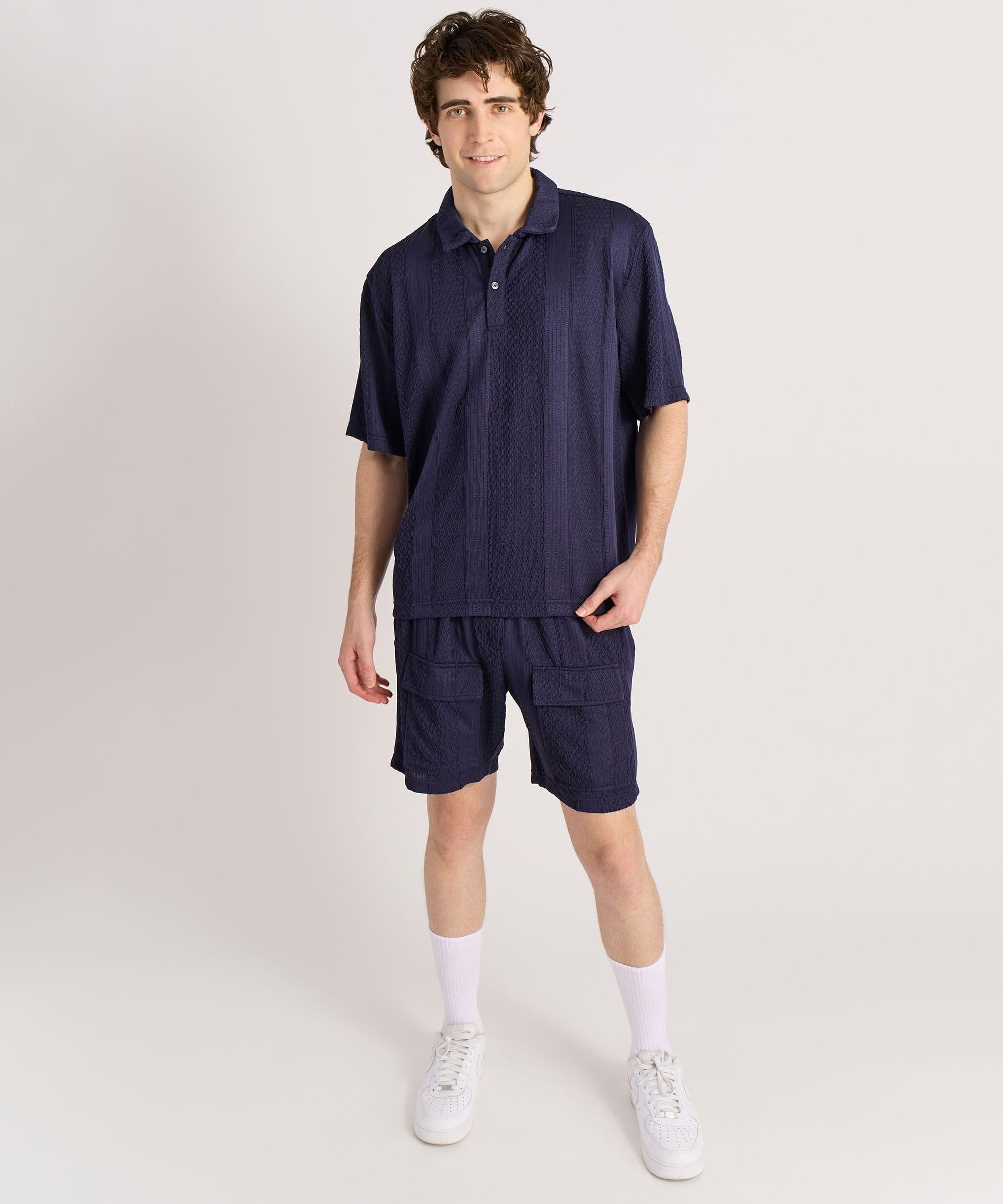 Jacquard Knit Textured Polo Shirt - Navy Product Image