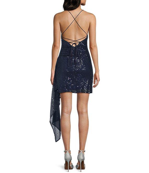 GB Social Ruched Sequin Asymmetrical Hem Tie Back Mini Dress Product Image