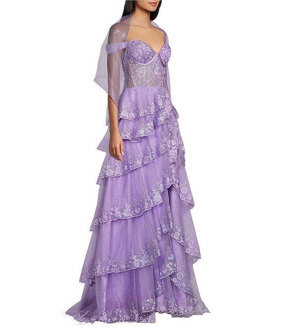 Coya Collection Sequin Floral Embroidered Sweetheart Neck Off-The-Shoulder Sheer Corset Bodice Tiered Ruffle Side Slit Gown Product Image