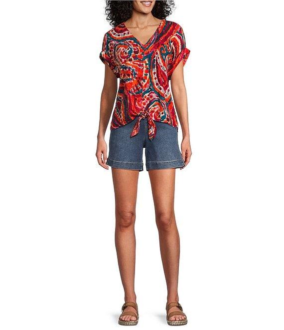 Westbound Paisley Overly Short Sleeve V-Neck Tie Front Top Product Image