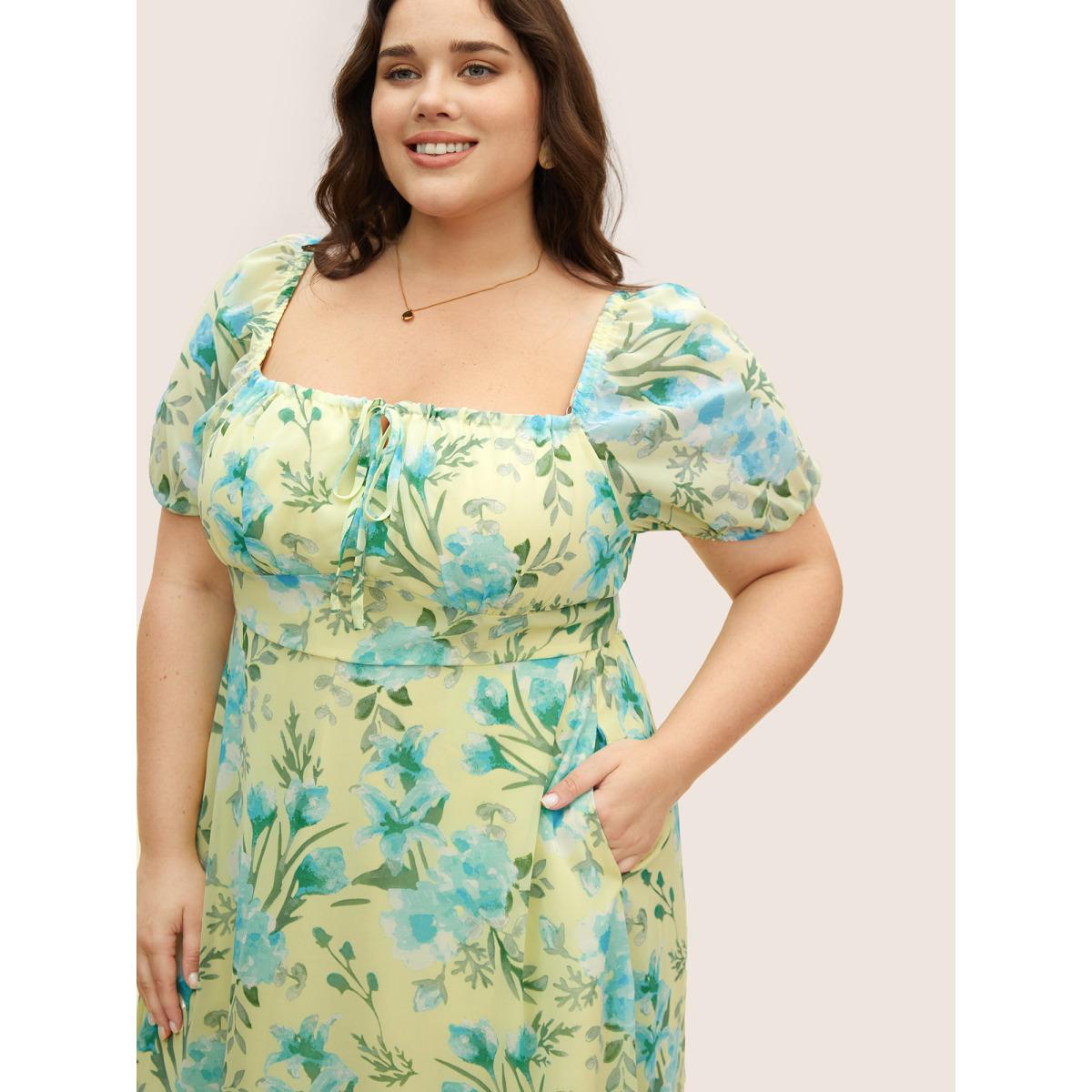Plus Size Watercolor Floral Drawstring Wrap Hem Dress YellowGreen Women Elegant Drawstring Square Neck Short sleeve Curvy BloomChic 18-20/2X Product Image