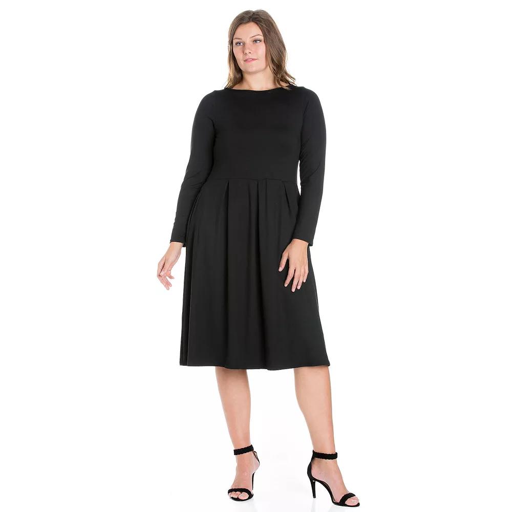 Plus Size 24seven Comfort Apparel Long Sleeve Fit and Flare Midi Dress, Women's, Size: 1XL, Black Product Image