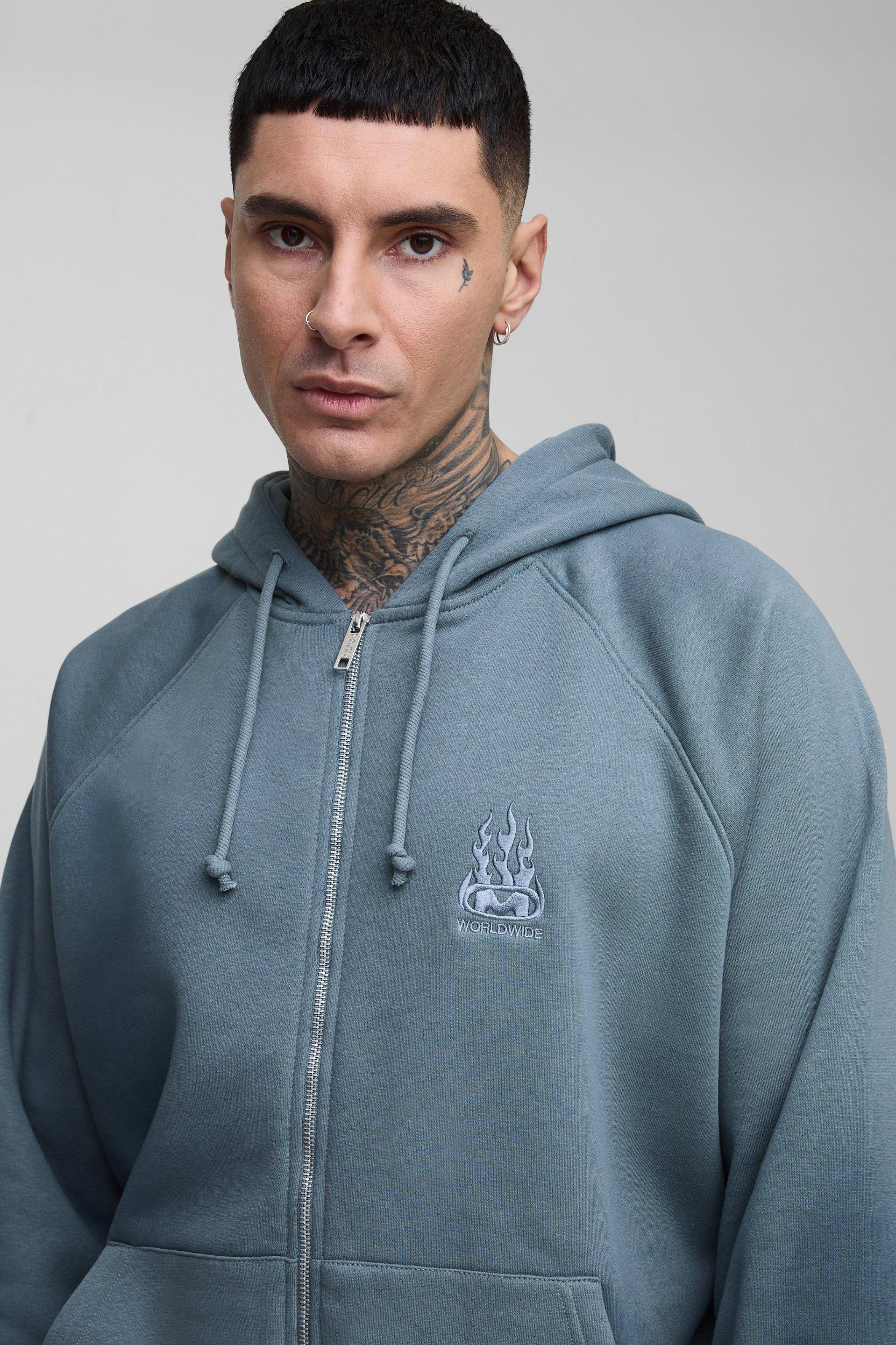 Tall Oversize Raglan Zip Thru Embroidered Spray Wash Hoodie | boohooMAN USA Product Image