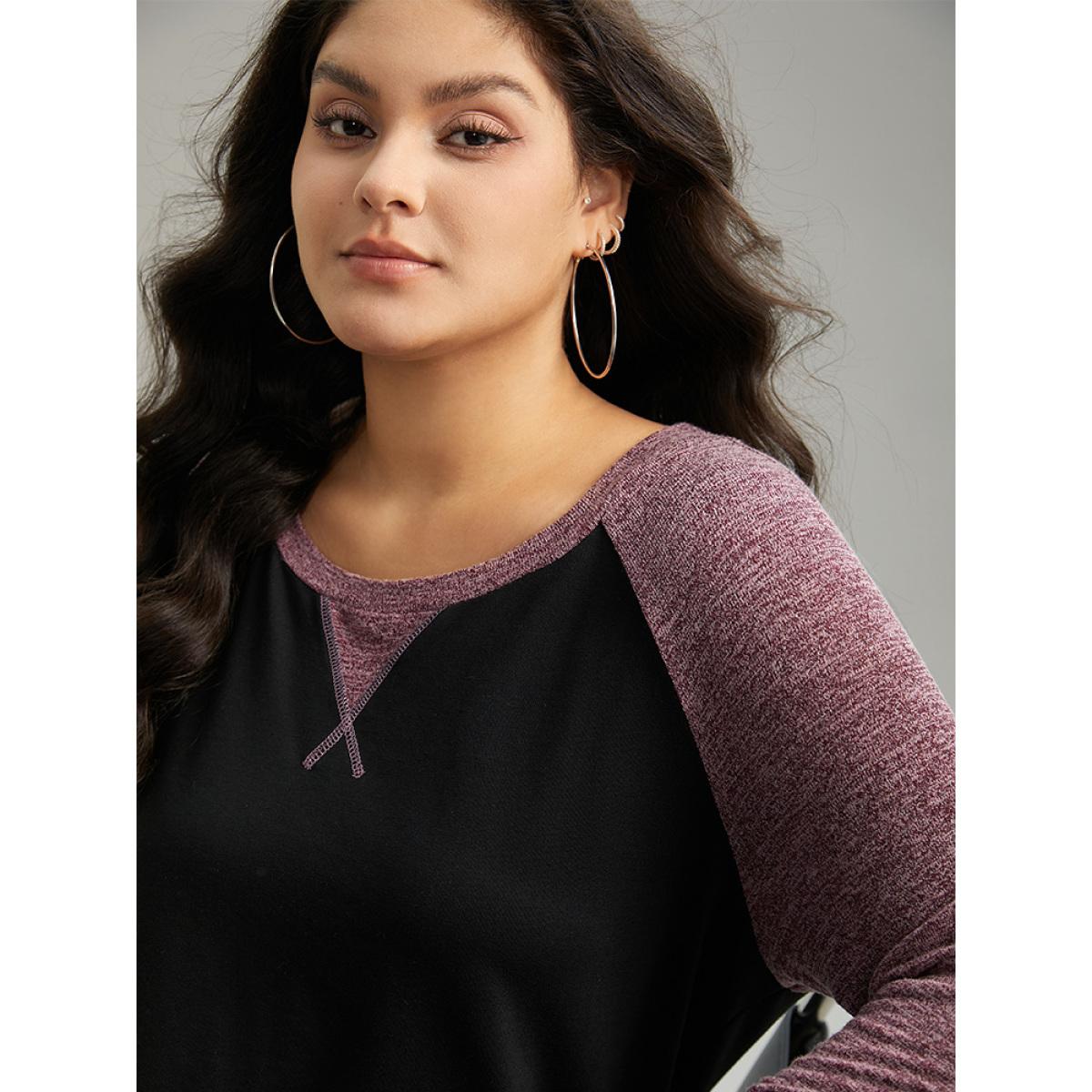 Plus Size Heather Stitch Pocket Raglan Sleeve Sweatshirt Women Black Casual Contrast Round Neck Dailywear Sweatshirts BloomChic 30/6X Product Image