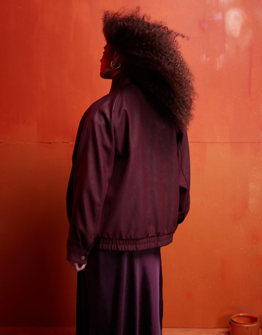 ASOS DESIGN Curve leather look bomber jacket in burgundy Product Image