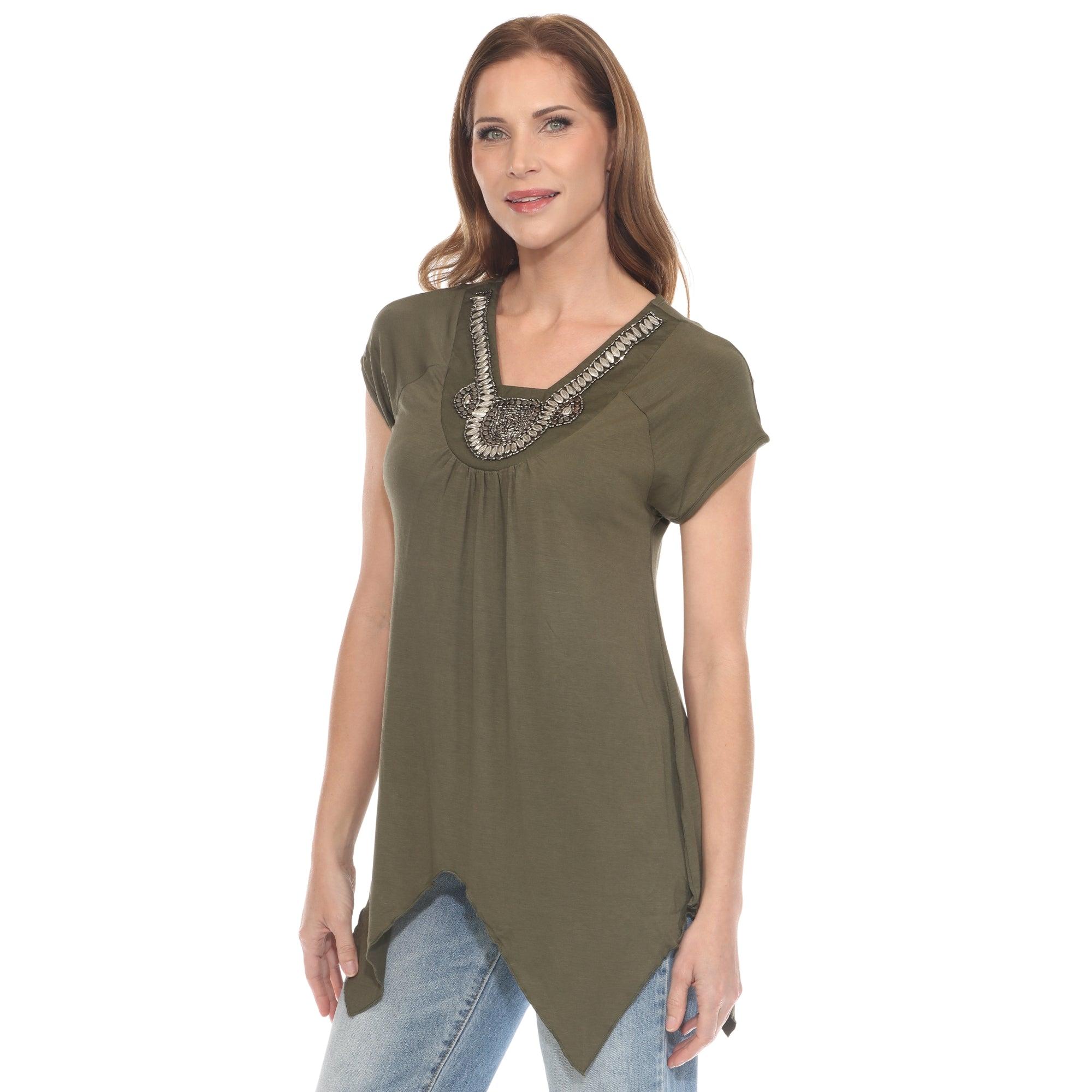 Olive Beaded Angled Hem Knit Top Product Image