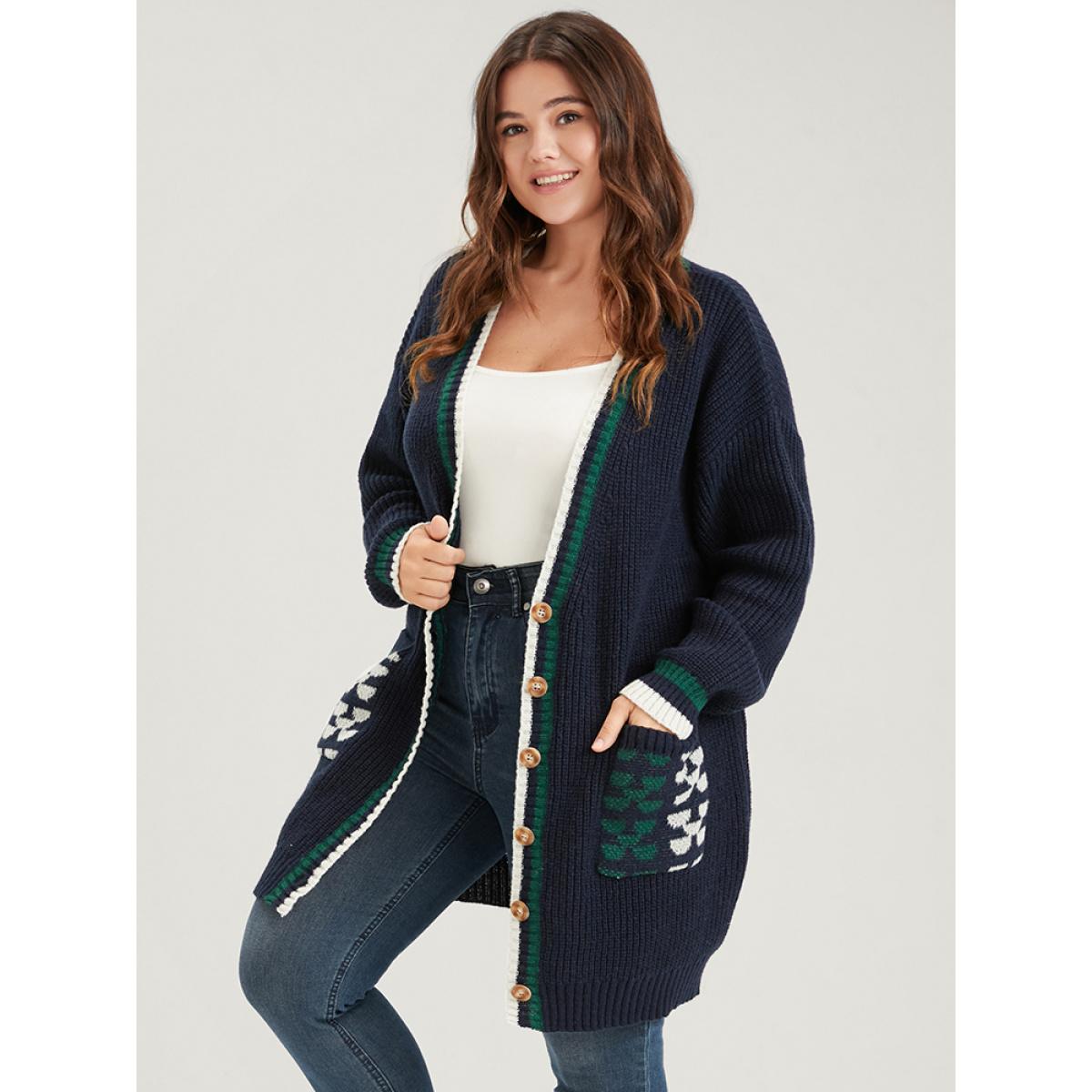Plus Size Contrast Trim Pointelle Knit Button Front Pocket Jacquard Cardigan DarkBlue Women Casual Loose Long Sleeve Dailywear Cardigans BloomChic 14-16/1X Product Image