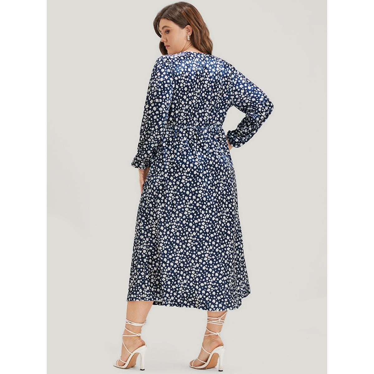 Plus Size Ditsy Floral Pocket Lantern Sleeve Wrap Velvet Dress Indigo Women Elegant Elastic Waist V-neck Long Sleeve Curvy Midi Dress BloomChic 14-16/1X Product Image