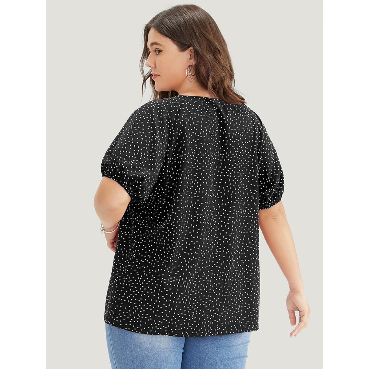 Plus Size Black Polka Dot Pleated Round Neck Puff Sleeve Blouse Women Office Short sleeve Round Neck Work Blouses BloomChic 14-16/1X Product Image