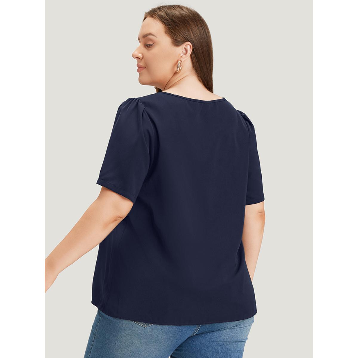 Plus Size Indigo Anti-Wrinkle Plain Metal Detail Keyhole Neck Blouse Women Office Short sleeve V-neck Office Blouses BloomChic 14-16/1X Product Image