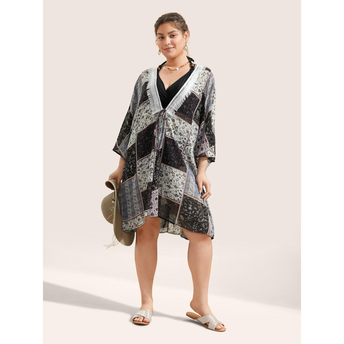 Plus Size Bandana Lace Panel Ties Patchwork Mesh Kimono Women BlackFlower Resort Woven ribbon&lace trim Vacation Kimonos BloomChic 14-16/1X Product Image