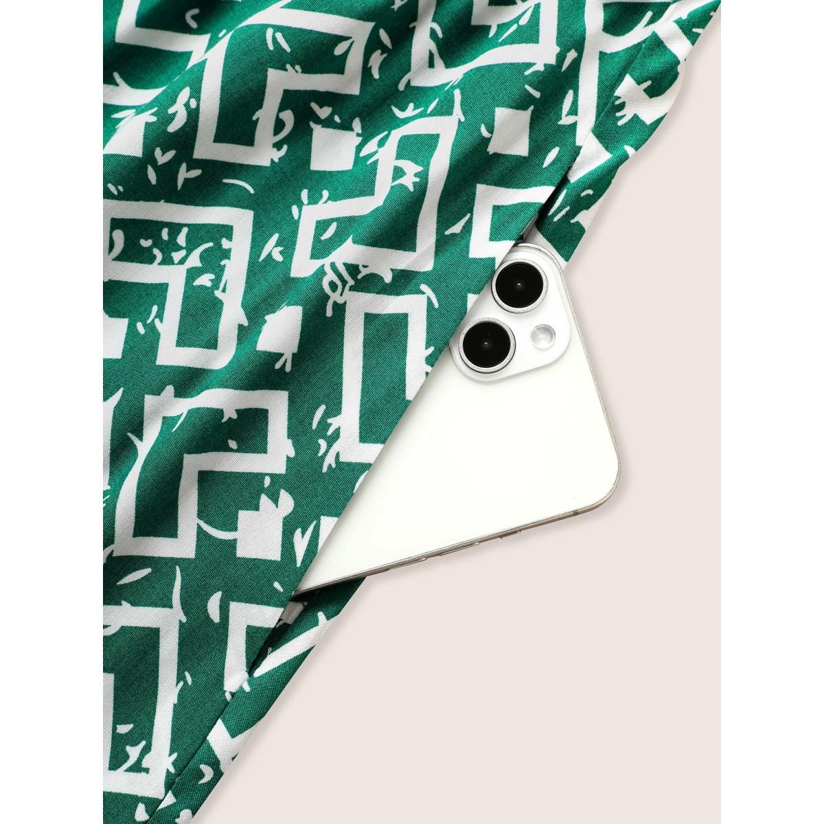 Plus Size Shirt Collar Geometric Button Up Belted Dress DarkGreen Women Work From Home Belted Shirt collar Cap Sleeve Curvy Midi Dress BloomChic 22-24/3X Product Image