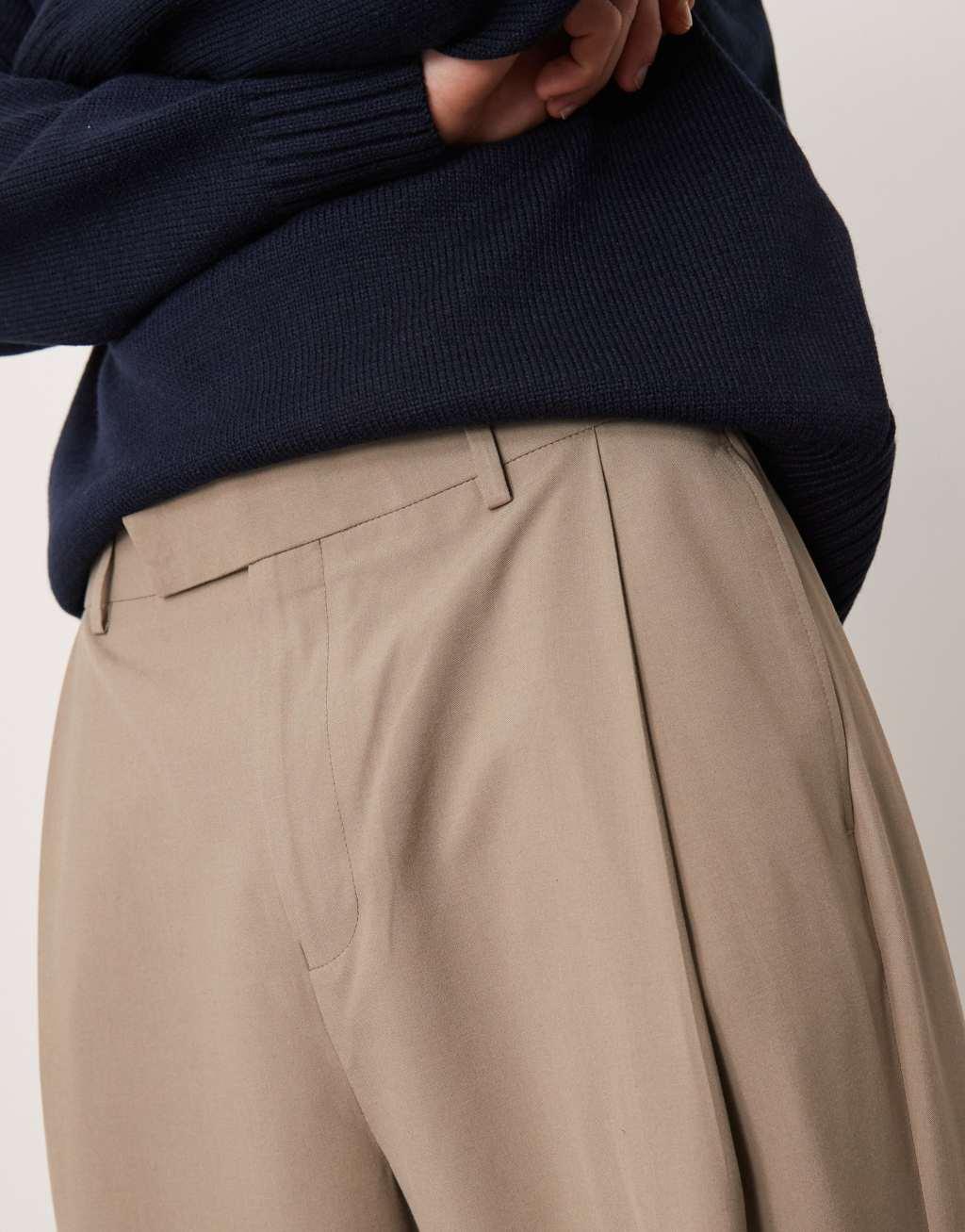 ASOS DESIGN smart wide leg pants with deep pleat in stone Product Image