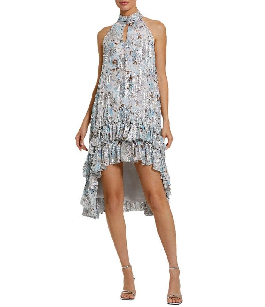 Mac Duggal Chiffon Floral Metallic Print Halter Neck Sleeveless Hi Low Ruffle Hem Shift Mini Dress Product Image