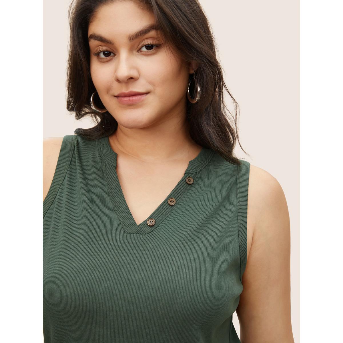 Plus Size Solid Notched Button Detail Tank Top Women ArmyGreen Casual Non Notched collar Everyday Tank Tops Camis BloomChic 28/5X Product Image
