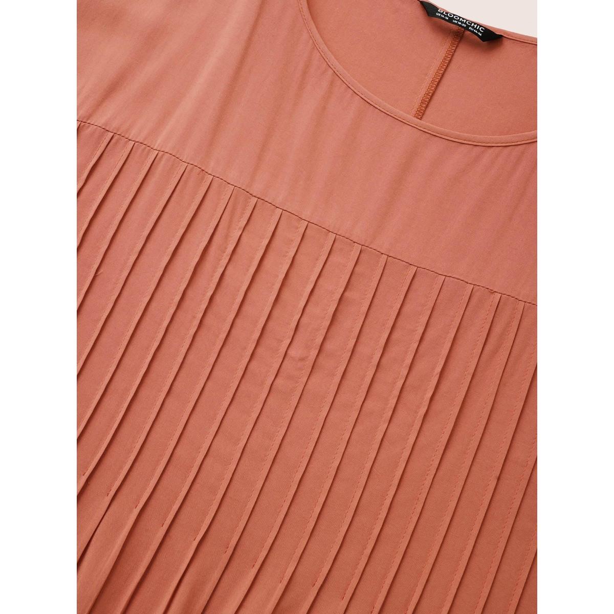 Plus Size Plain Pleated Pocket Rayon Midi Dress Coral Women Casual Non Round Neck Short sleeve Curvy Midi Dress BloomChic 12/L Product Image