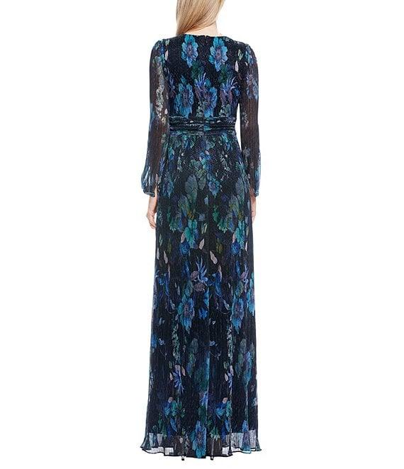 Dress the Population Pauline Metallic Floral Plunge V-Neck Long Sleeve Side Slit Gown Product Image