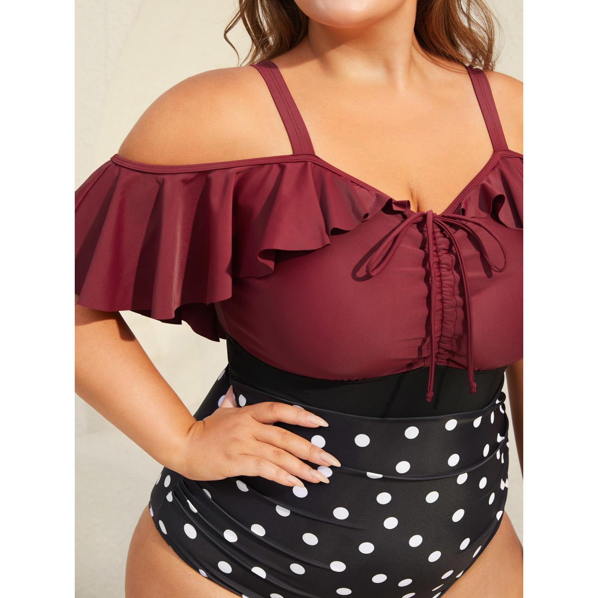 Plus Size Color Block Polka Dots One-Piece Swimsuit Women's Swimwear Deepred Beach Contrast Curve Bathing Suits High stretch One Pieces BloomChic 22-24/3X Product Image