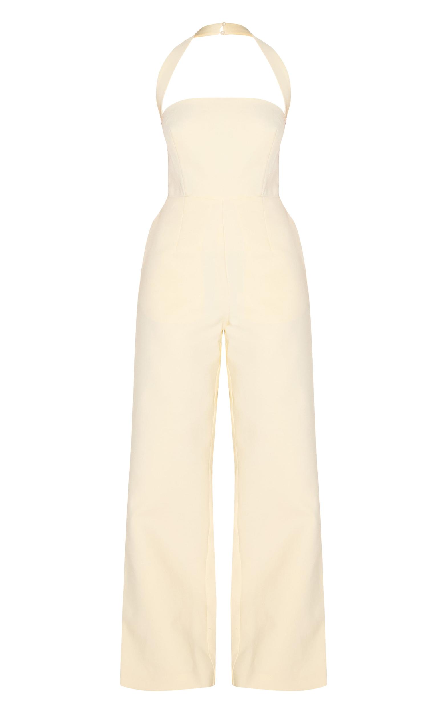 Butter Yellow Premium Woven Halter Neck Wide Leg Jumpsuit Product Image