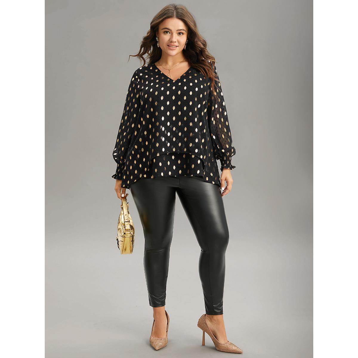 Plus Size Black Glitter Polka Dot Textured Shirred Tiered Blouse Women Glamour Long Sleeve V-neck Party Blouses BloomChic 14-16/1X Product Image