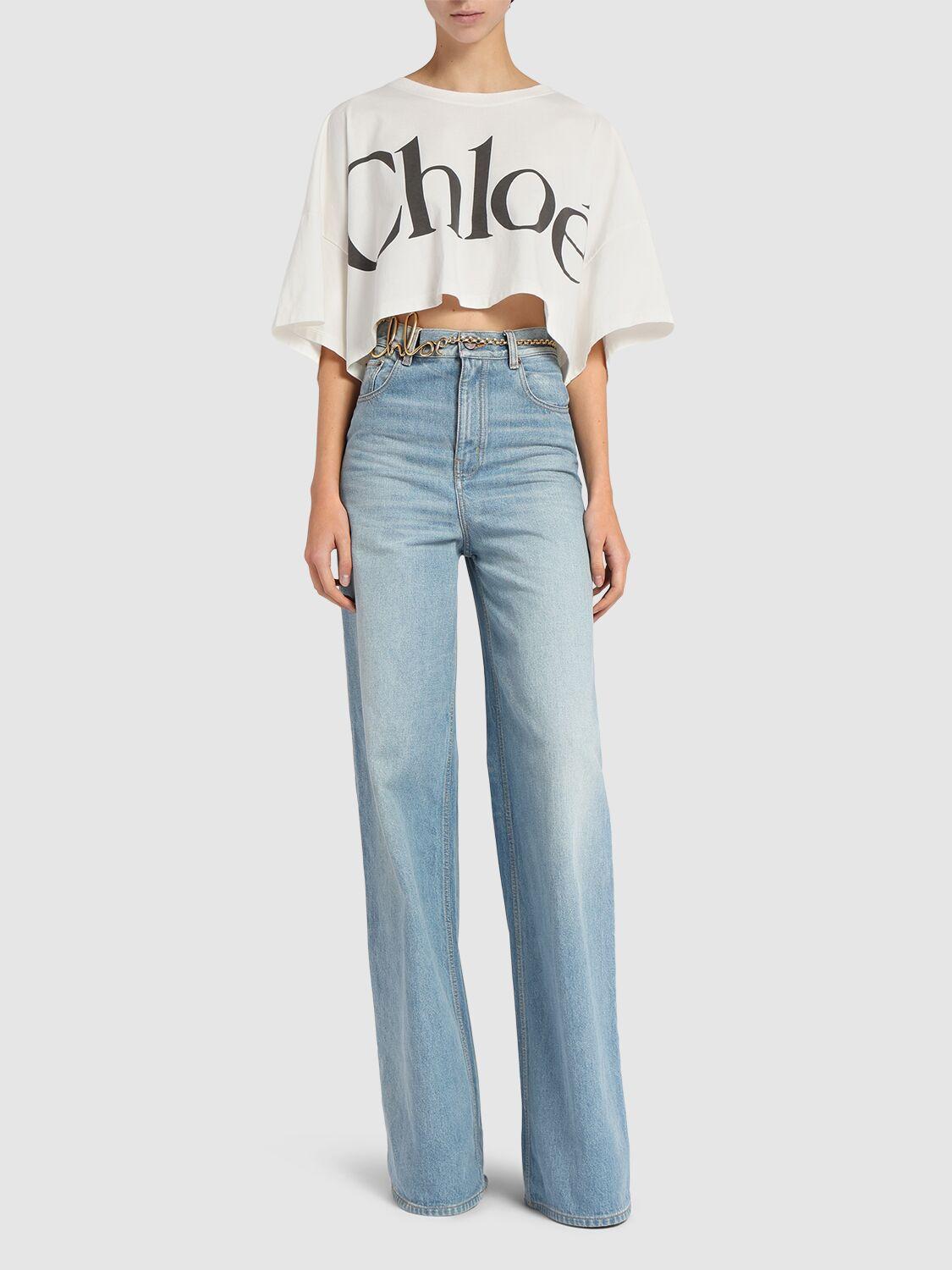 CHLOÉ White Cropped Crewneck T-shirt With Maxi Logo Print On The Front In Cotton Woman In Multicolor Product Image