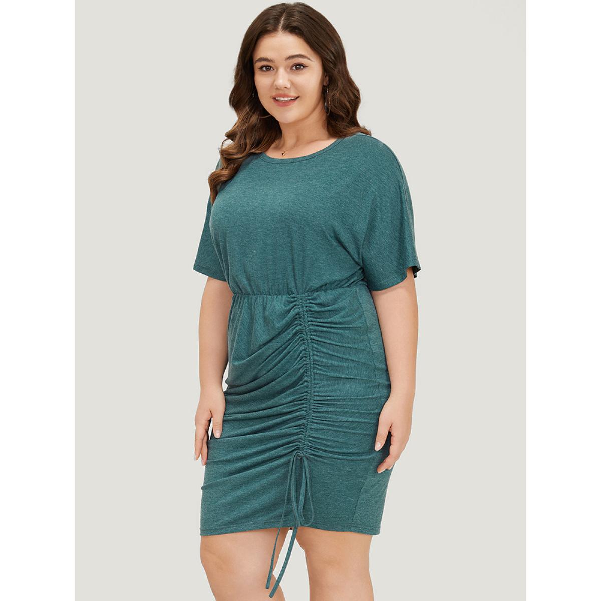 Plus Size Solid Ruched Drawstring Hem Bodycon Dress Cyan Women Elegant Ruched Round Neck Short sleeve Curvy Short Dress BloomChic 12/L Product Image
