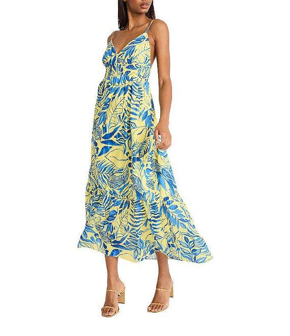 The Good Journey Printed Cotton Voile V-Neck Spaghetti Straps A-Line Midi Dress Product Image