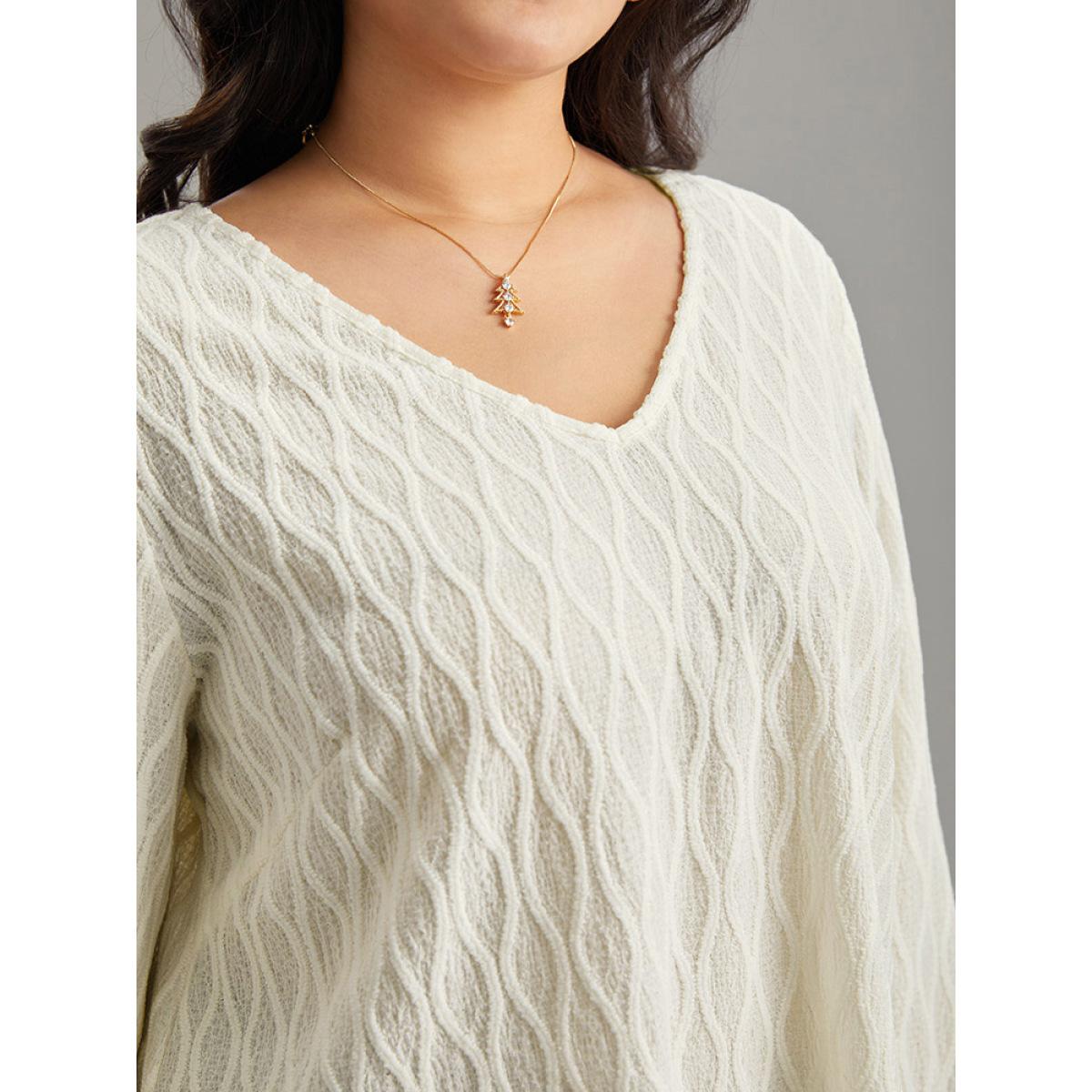 Plus Size Beige V Neck Solid Textured Shirred Blouse Women Office Long Sleeve V-neck Office Blouses BloomChic 30/6X Product Image