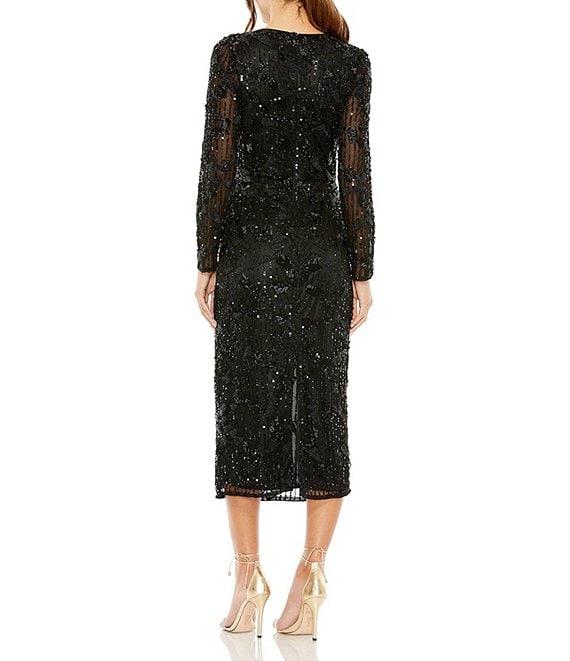 Mac Duggal Long Sleeve Crew Neck Embellished Midi Dress Product Image