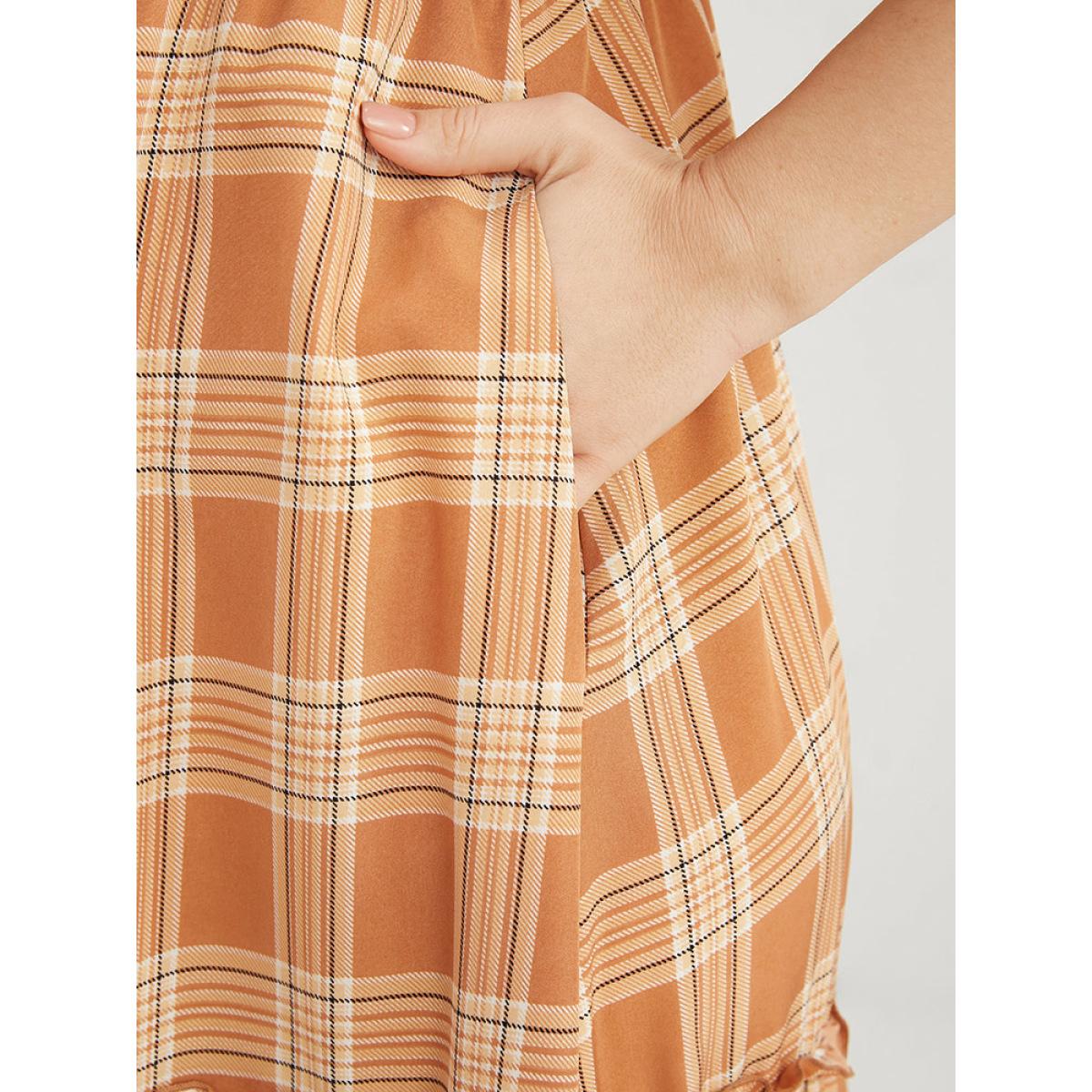 Plus Size Plaid Square Neck Lantern Sleeve Pocket Flutter Dress LightBrown Women Elegant Tiered Square Neck Half Sleeve Curvy Midi Dress BloomChic 22-24/3X Product Image