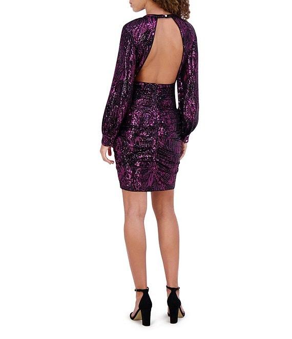 SIENA Keyhole Neck Open Back Long Sleeve Abstract Animal Sequin Sheath Dress Product Image