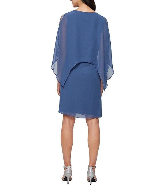 Ignite Evenings Boat Neck 3/4 Sleeve Beaded Chiffon Overlay Sheath Dress Product Image