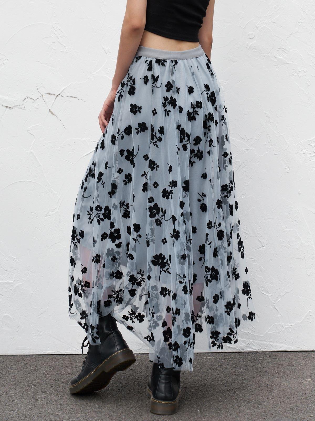 Lining Mesh Floral Midi Skirt Product Image
