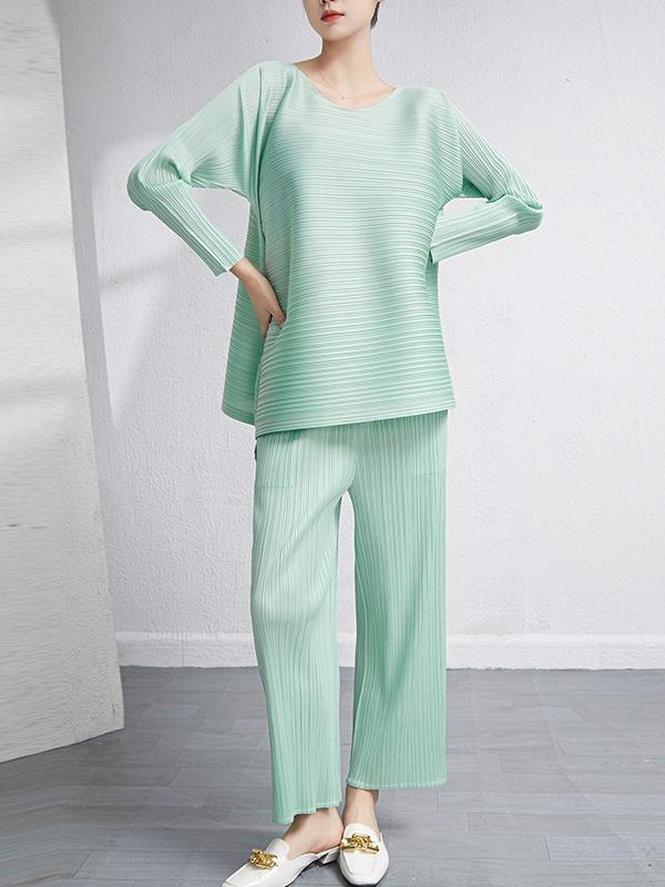 Loose Pleated Solid Color High-Low Round-Neck T-Shirts  + Pants Two Pieces Set Product Image