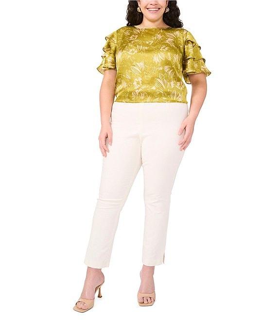 Vince Camuto Plus Size Absrtact Floral Woven Round Neck Tiered Ruffle Short Sleeve Blouse Product Image