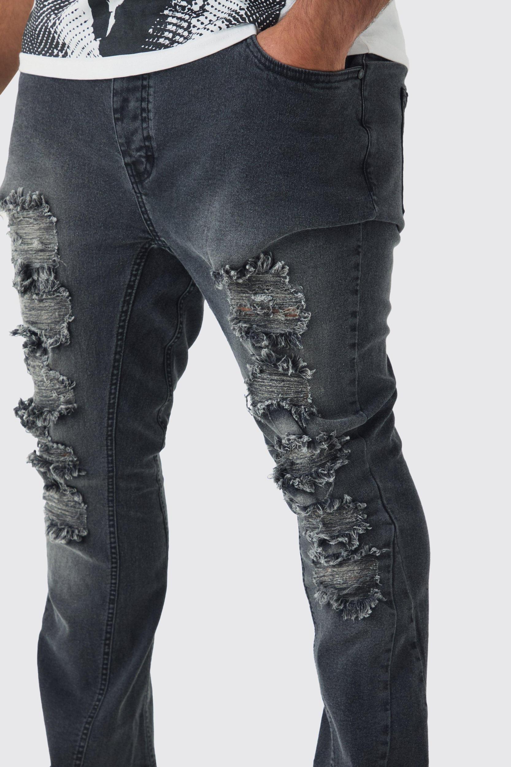 Plus Ripped Gusset Detail Stretch Skinny Flared Jeans | boohooMAN USA Product Image