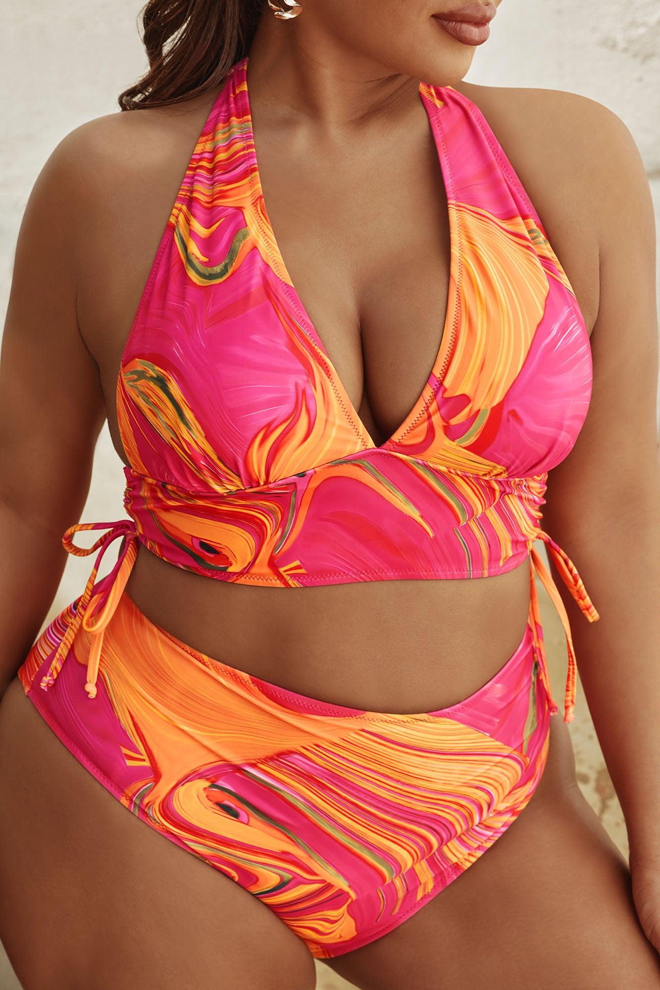 Wavy Summer Halter Tankini 2 Piece Bikini - Orange/combo Product Image