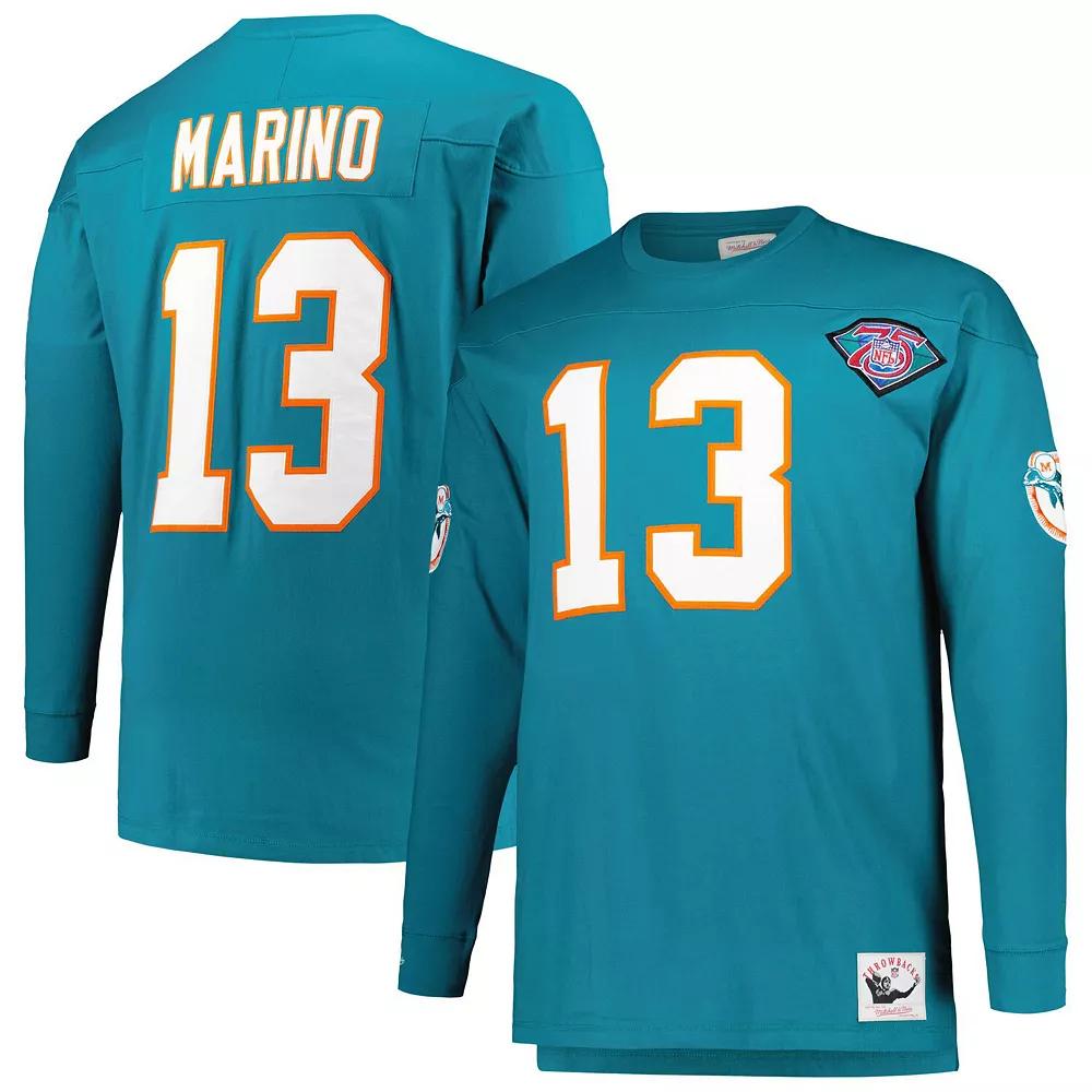 Men's Mitchell & Ness Dan Marino Aqua Miami Dolphins Big & Tall Cut & Sew Player Name & Number Long Sleeve T-Shirt,  Product Image