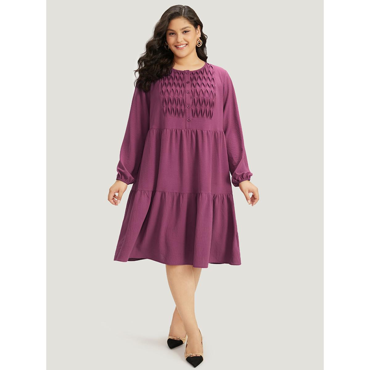 Plus Size Plain Plicated Detail Layered Hem Dress RedViolet Women Elegant Elastic cuffs Round Neck Long Sleeve Curvy Midi Dress BloomChic 10/M Product Image