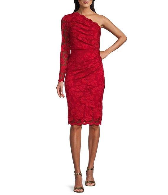 Marina Lace One Shoulder Long Sleeve Sheath Dress Product Image