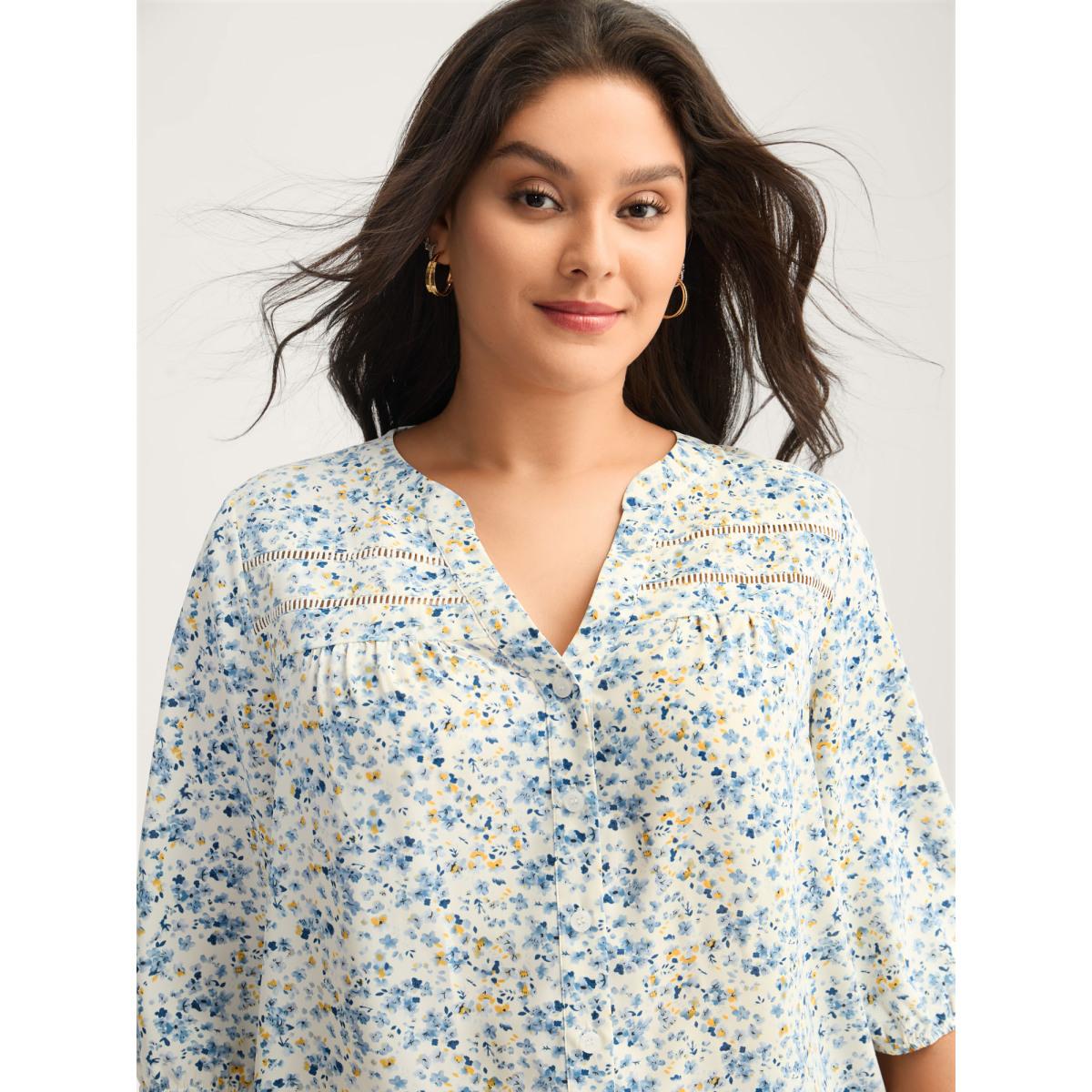 Plus Size Multicolor Floral Print Lace Trim Flowy Blouse Women Elbow-length sleeve Notched collar Elegant Blouses BloomChic 14-16/1X Product Image